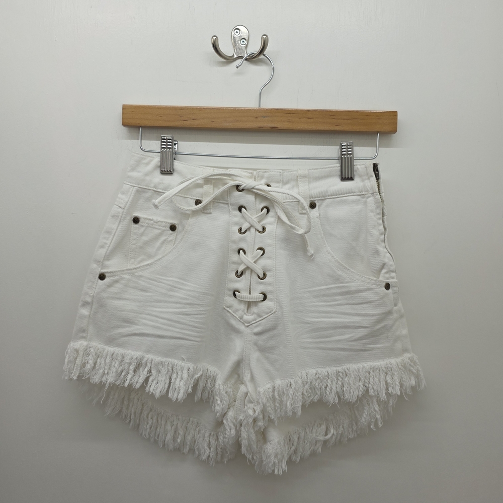 MINKPINK White Lace-Up Fringe High Waist Shorts - Picture 1 of 6